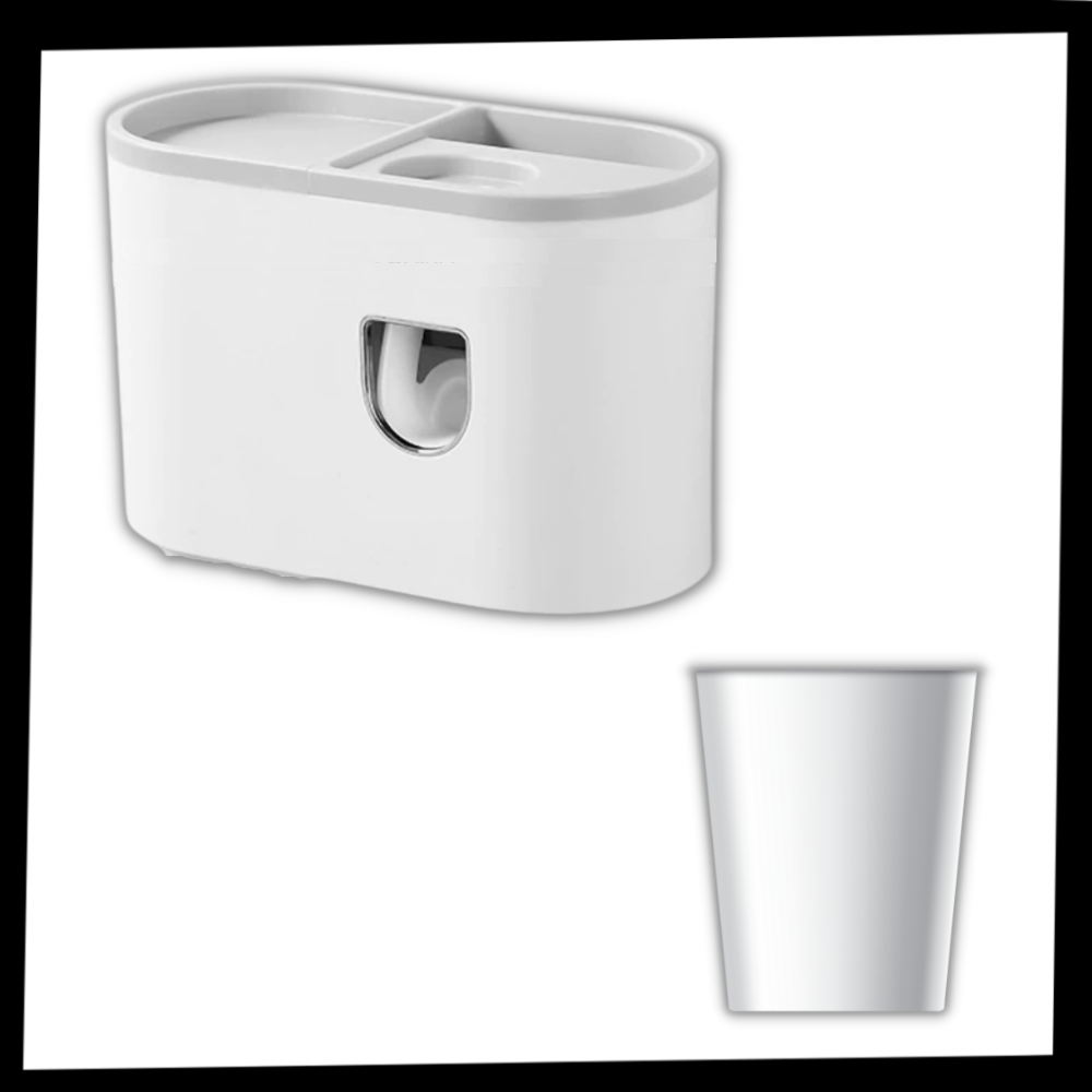 Suporte de distribuidor de dentifríce Brandslc, suporte tudo-em-um para cuidados bucais, branco, com espaço para tubo de pasta.