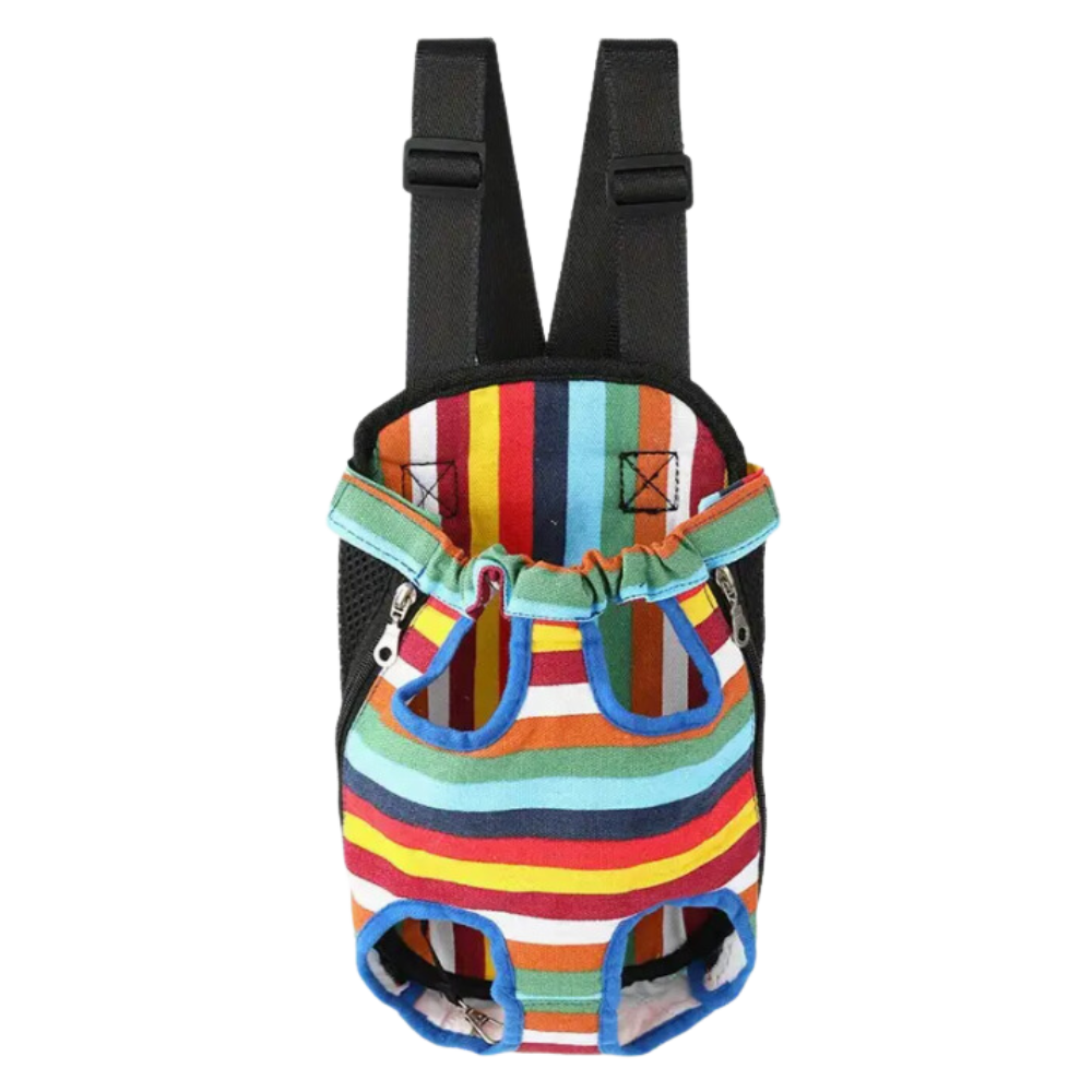 Saco de transporte respirável para gatos e cães, com design colorido e confortável, ideal para viagens com animais de estimação.