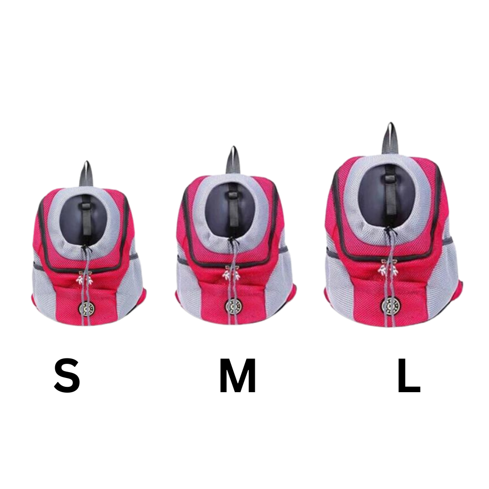 Mochila de transporte respirável para cães, acessório para cães da marca Huahong, vista de costas com detalhes das dimensões