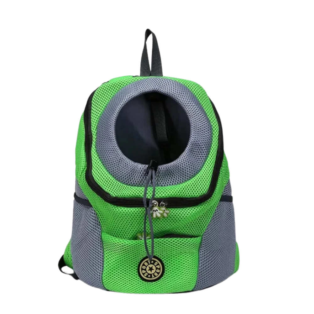 Mochila de transporte respirável para cães da Huahong, acessório para cães, vista de costas em cor verde.