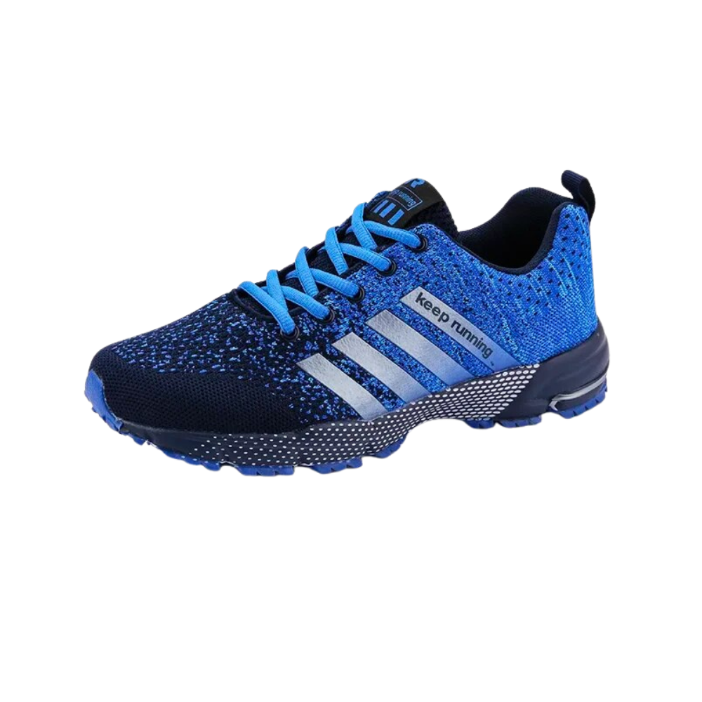 Tênis esportivos masculinos respirantes na cor azul, com cabedal leve e confortável para prática de atividades físicas.