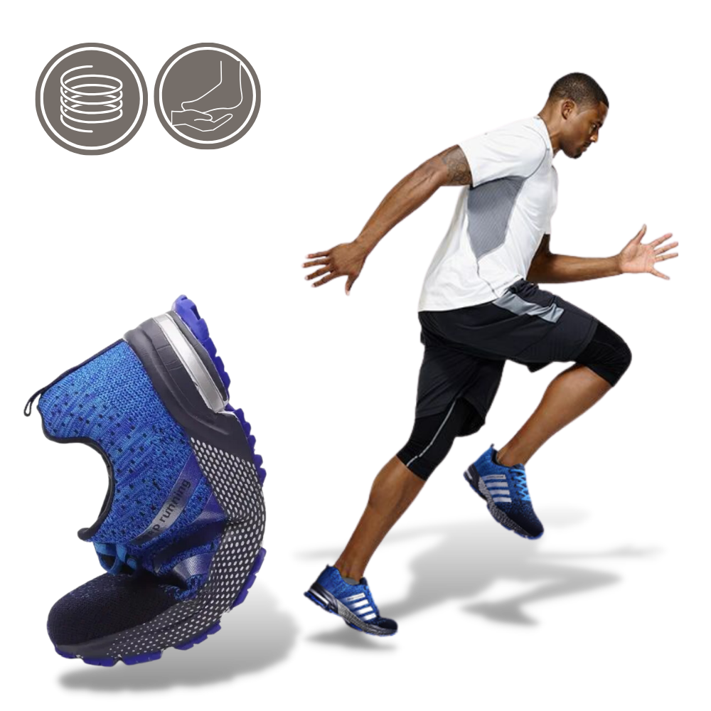 Tênis esportivos masculinos leves e respiráveis da marca Genérico, mostrando o design com materiais leves e ventilados.