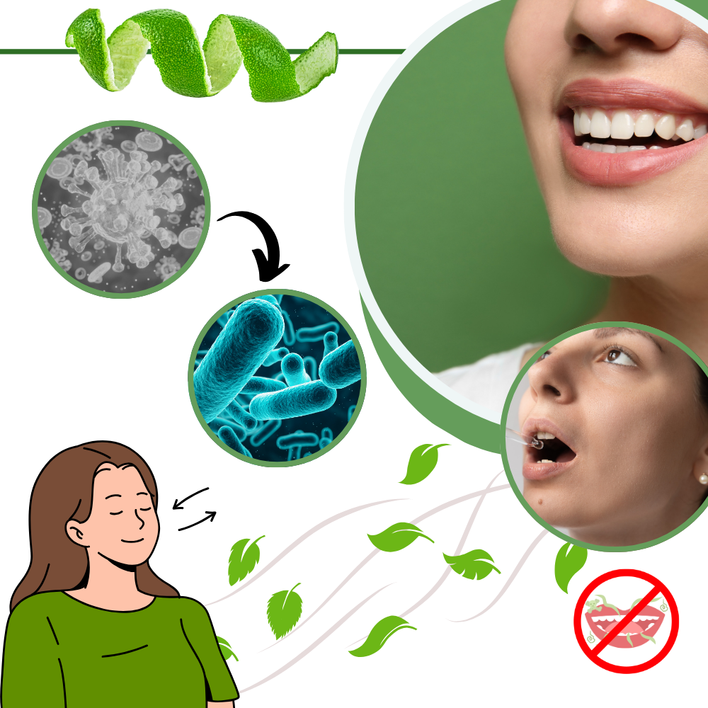 Purificateur de haleine à la menthe Breatify, soin buccal, com embalagem e ingredientes visíveis.