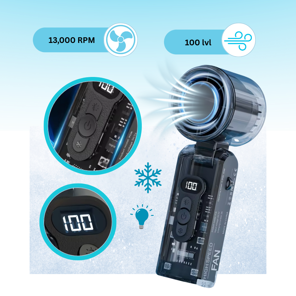 Mini ventilador portátil Turbo da Holloyiver, com controle de brisa, ideal para climatização pessoal.