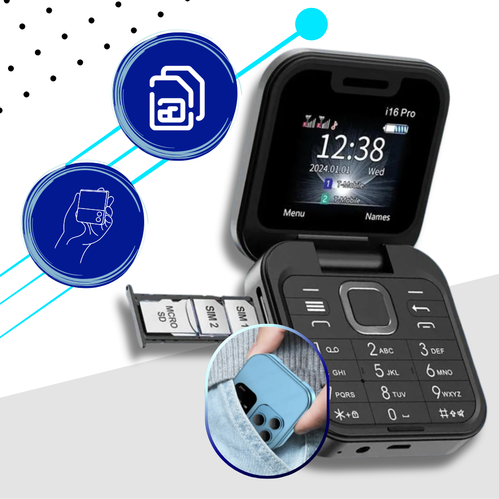 Telefone móvel dobrável Dual SIM Broisae com tela azul, design compacto, ideal para telefonia portátil e conexão dupla.