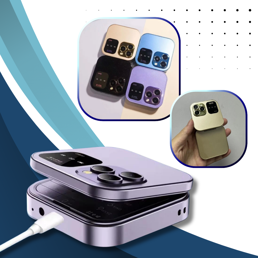 Telefone portátil dobrável Broisae com dual SIM, design azul, foco na tela e estrutura compacta.