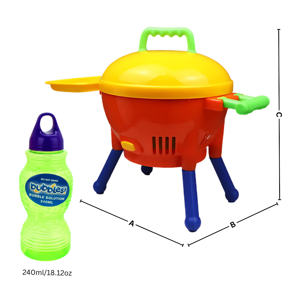 Máquina de brinquedo de churrasco com bolhas, brinquedo de atividade para crianças, com detalhes de dimensões.