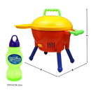 Máquina de brinquedo de churrasco com bolhas, brinquedo de atividade para crianças, com detalhes de dimensões.