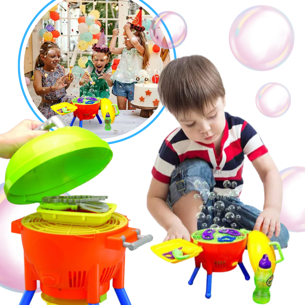 Máquina de bolhas estilo churrasqueira, brinquedo de atividade com bolhas para diversão infantil ao ar livre.