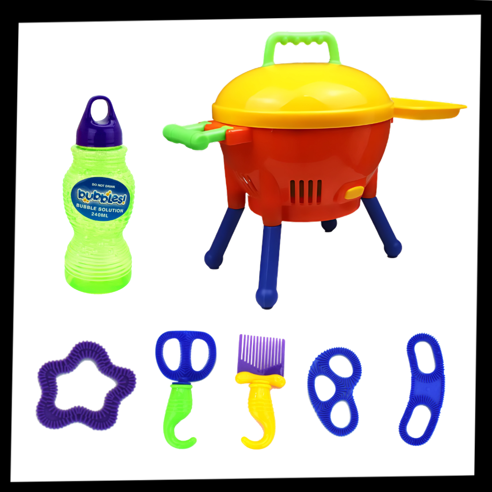 Máquina de churrasco de bolhas com brinquedo de atividade, com botões coloridos e compartimento para bolhas.