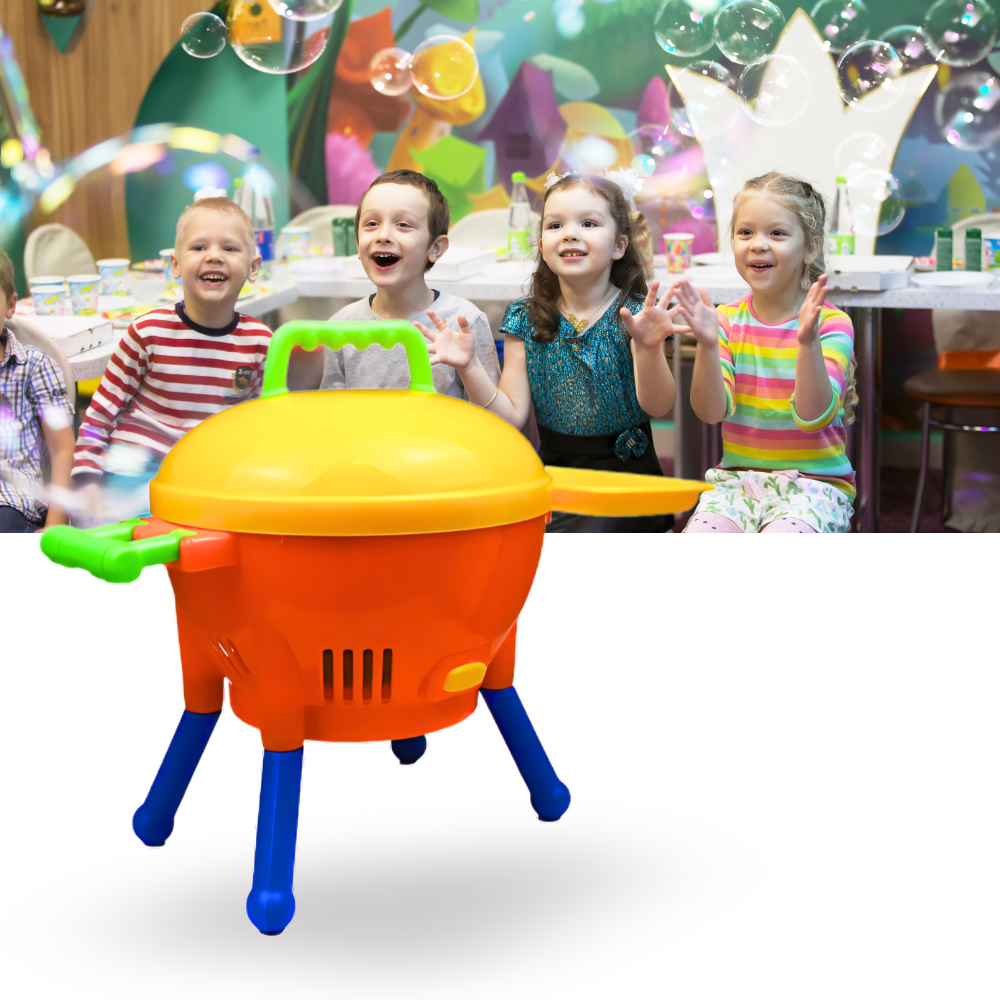 Máquina de bolhas de brinquedo estilo churrasqueira, brinquedo de atividades para crianças, com detalhes de cores vibrantes.
