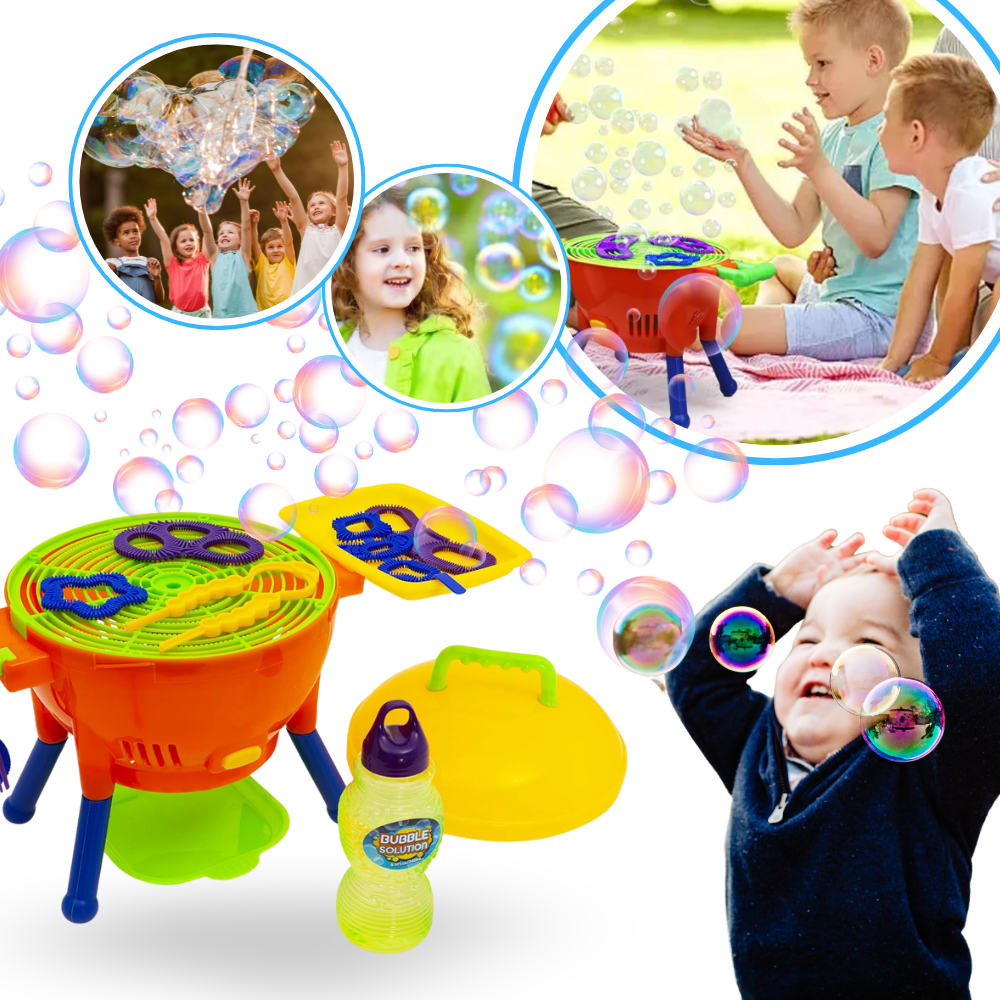 Máquina de churrasco de bolhas para brinquedo de atividade, com botões coloridos e botijão de bolhas, ideal para diversão infantil