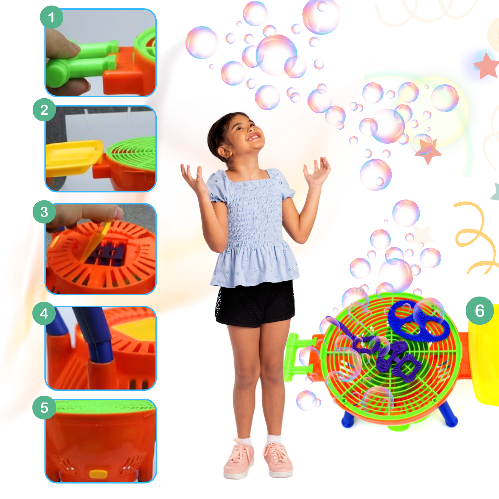 Máquina de bolhas para brincadeiras de churrasco, brinquedo de atividade com fumaça de bolhas coloridas em ação.