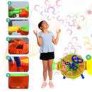 Máquina de bolhas para brincadeiras de churrasco, brinquedo de atividade com fumaça de bolhas coloridas em ação.