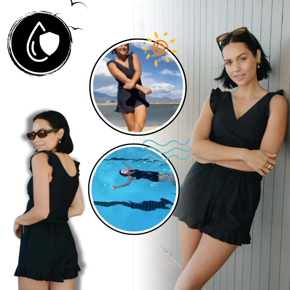 Robe de banho Aoiroe com soutien-gorge integrado, tecido resistente à água, ideal para nadar e relaxar na praia ou piscina.