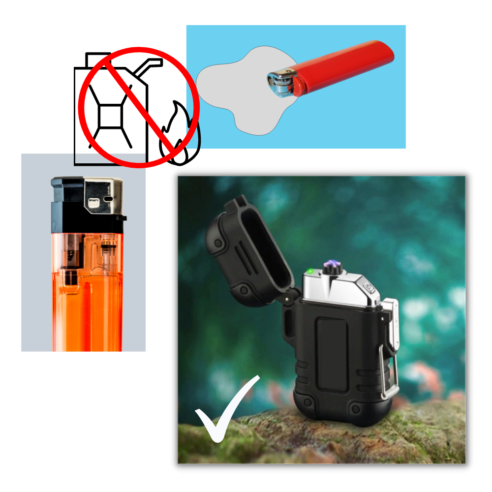 Briquet elétrico a plasma Buodes, dispositivo portátil preto para acender fogo, parte superior com ponto de ativação.