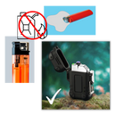 Briquet elétrico a plasma Buodes, dispositivo portátil preto para acender fogo, parte superior com ponto de ativação.