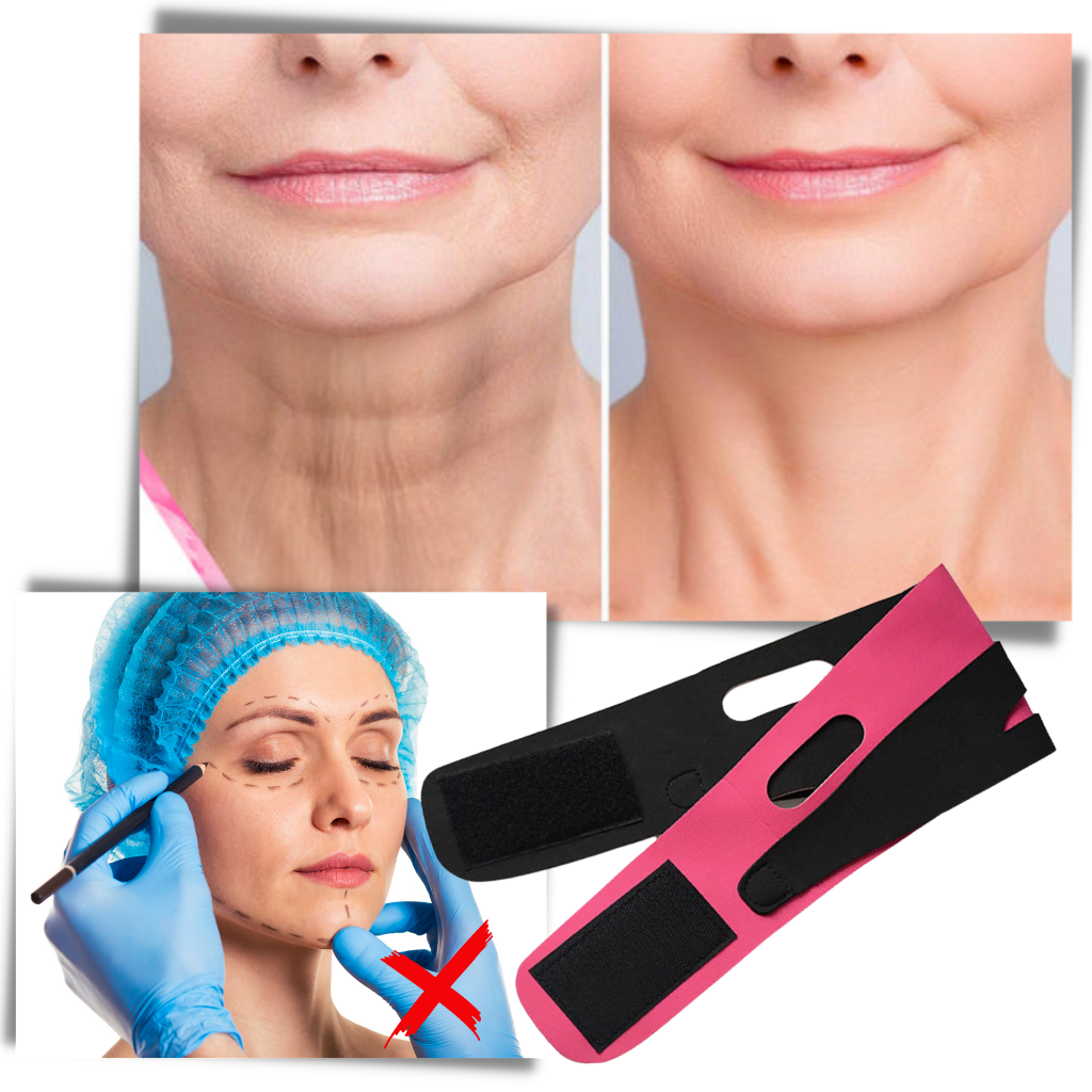 Mentonnière elástica para lifting facial, produto de cosméticos da marca Buyitnow, mostrando a faixa ajustável para o rosto