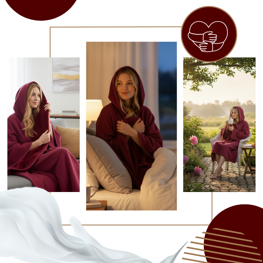 Capa de cobertura com capuz da Posh Living, veste de exterior acolchoada e relaxante, ideal para conforto e tranquilidade ao ar livre.