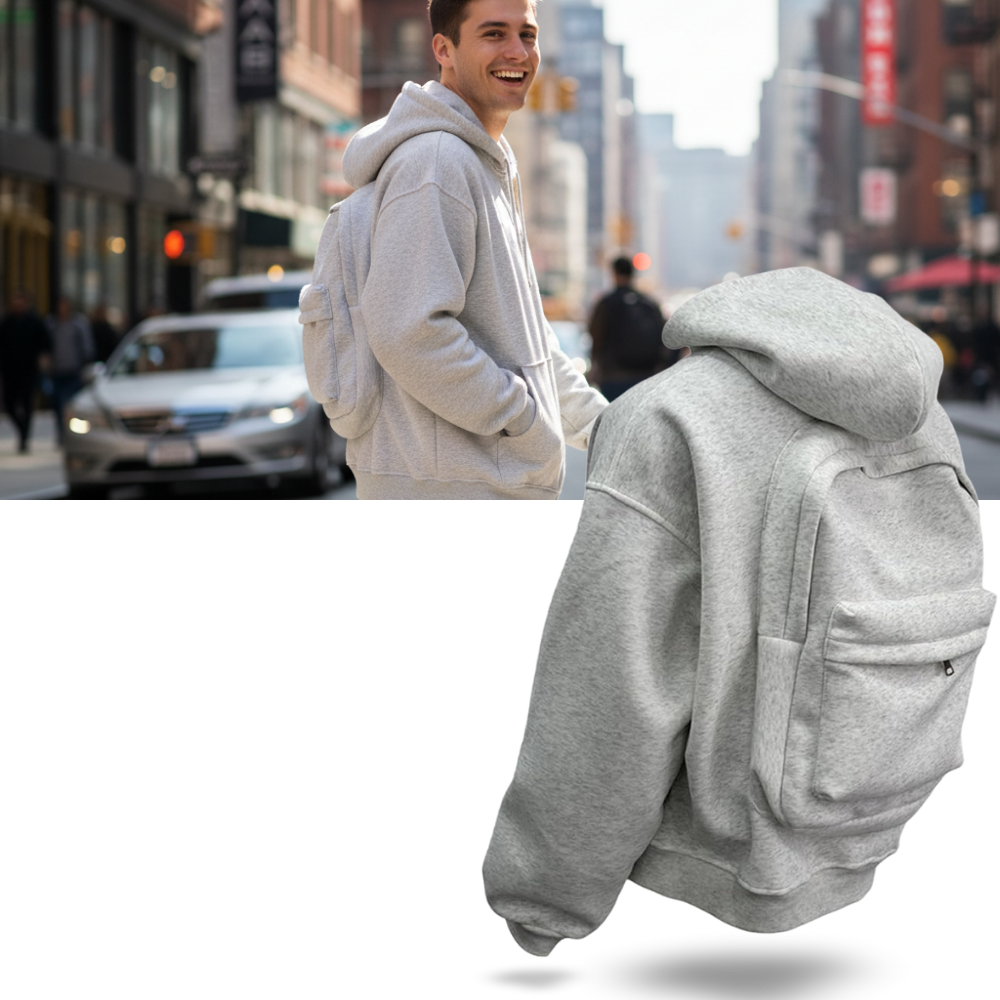 Casaco com capuz e bolso mochila integrado, veste de roupas de exterior da Ozerty France, vista frontal com detalhes do design.