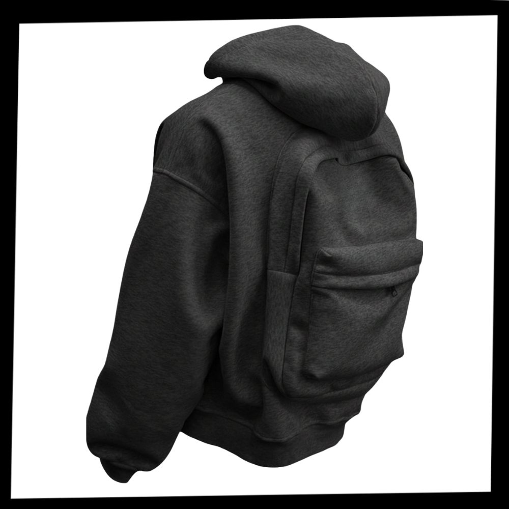 Moletom com capuz e mochila integrada da Ozerty France, roupa de uso ao ar livre, vista frontal com detalhes do bolso e zíper.