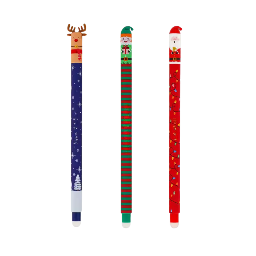 Canetas gel apagáveis Legami com tinta termossensível, desenhos festivos de Natal em estilo cartoon.