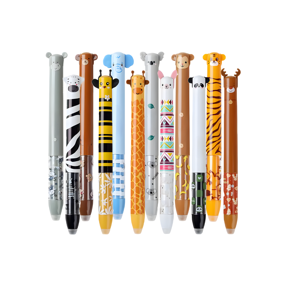 Canetas gel apagáveis Legami com tinta termossensível e design de selva em estilo cartoon para escrita e desenho divertido.