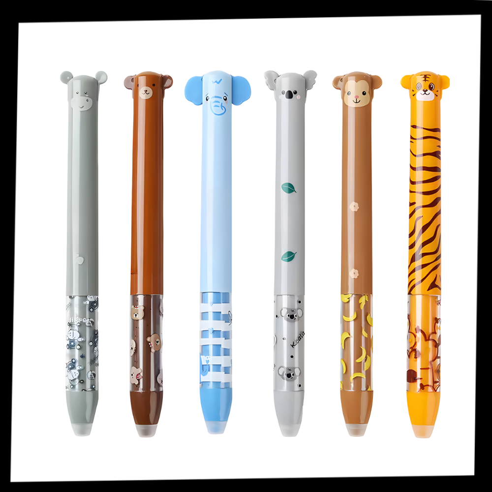 Conjunto de canetas gel apagáveis com tinta térmica da marca Legami, com embalagens coloridas e design divertido.
