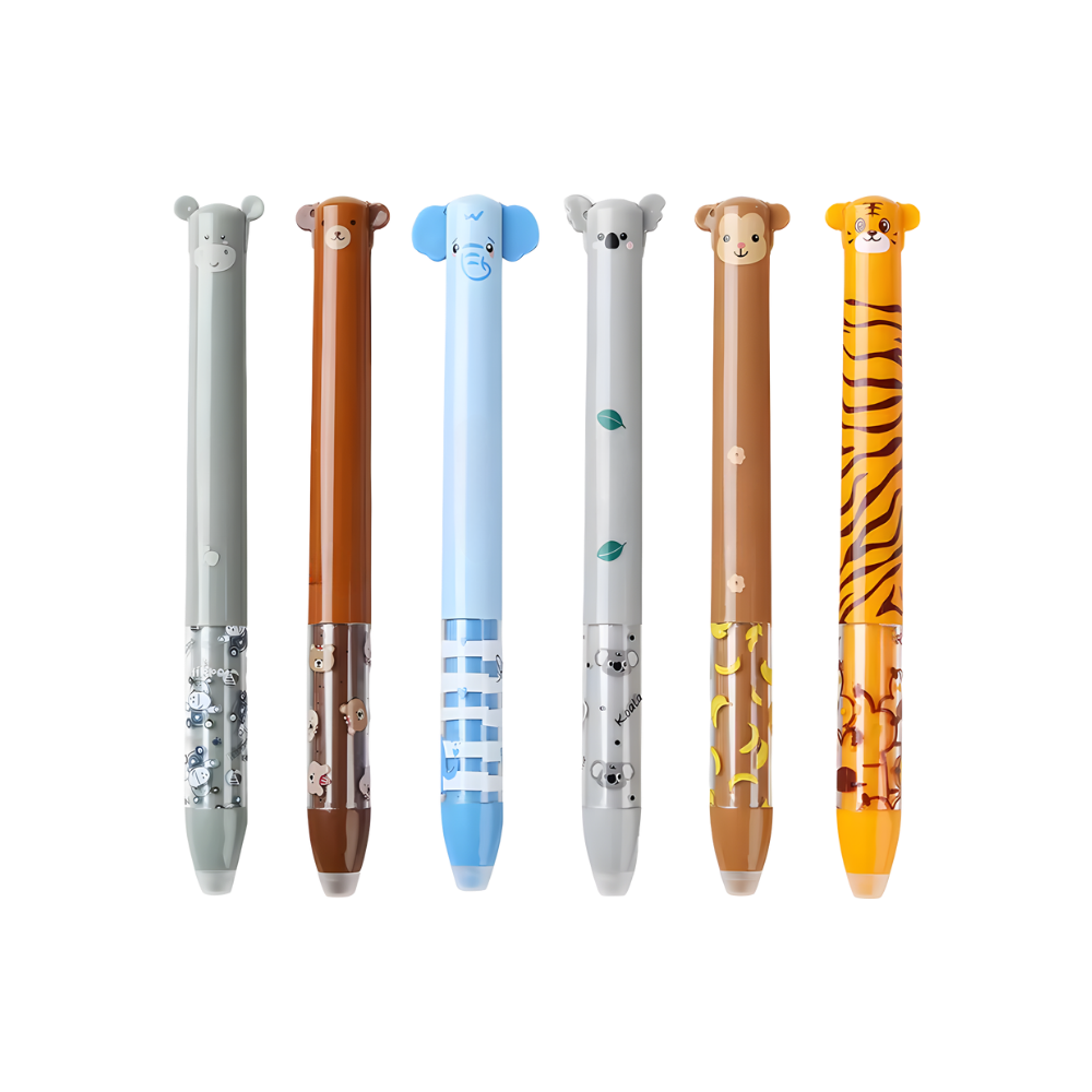 Canetas gel apagáveis da Legami com tinta termossensível, desenho divertido de animais exóticos em estilo cartoon festivo.