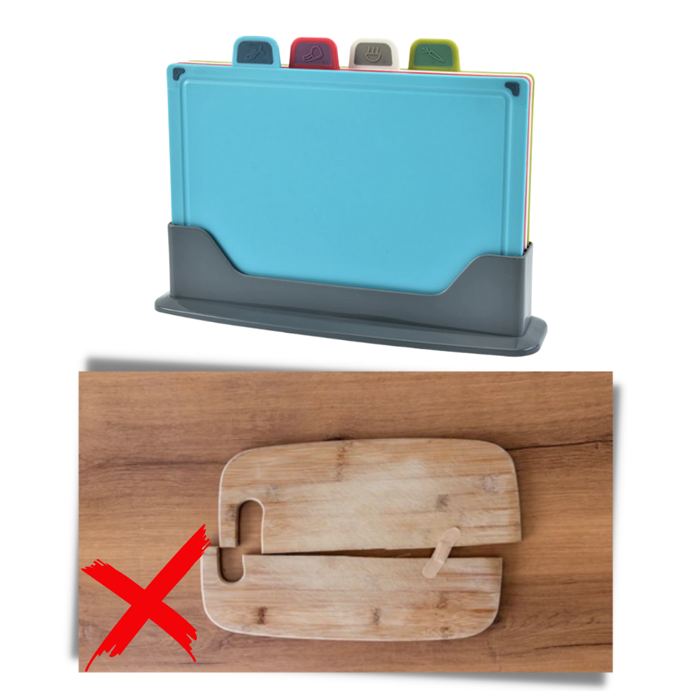Conjunto de 4 tábuas de corte Casewin com suporte, utensílios de cozinha duráveis e práticos para preparação de alimentos.