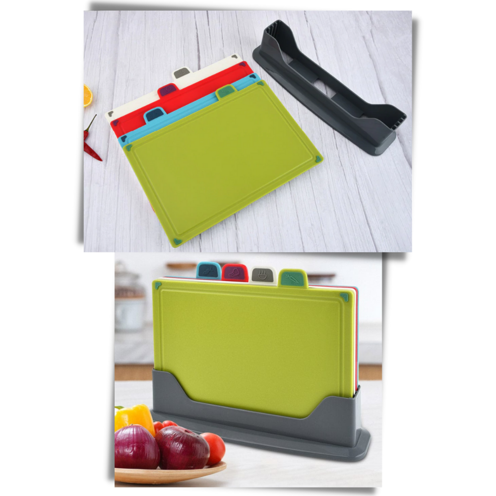 Conjunto de 4 tábuas de corte Casewin com suporte, utensílios de cozinha resistentes e práticos para preparar alimentos.