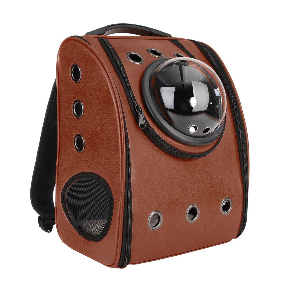 Mochila de viagem para gatos da Qtong, acessório para transporte de animais, vista lateral de mochila marrom para gatos.