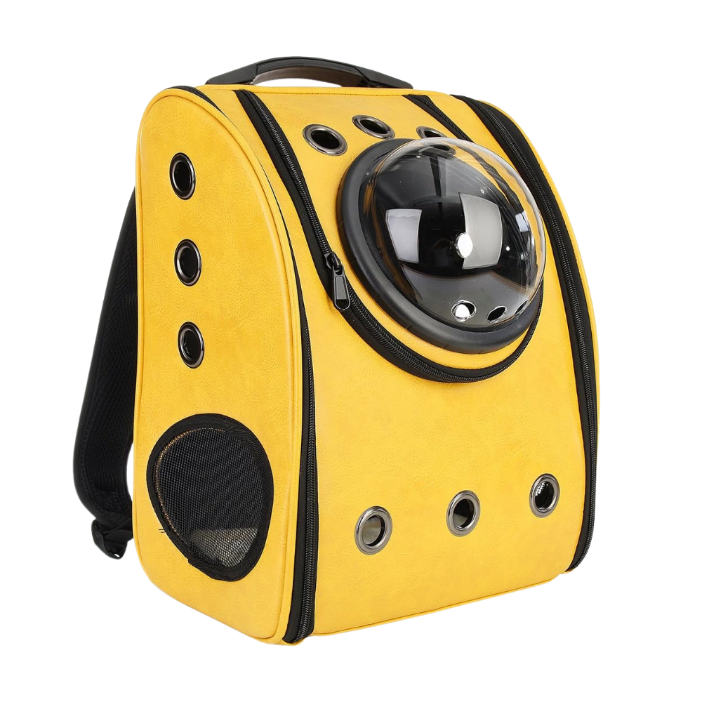 Mochila de viagem amarela para gatos, acessório para transporte de animais, vista traseira com alças ajustáveis.