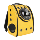 Mochila de viagem amarela para gatos, acessório para transporte de animais, vista traseira com alças ajustáveis.