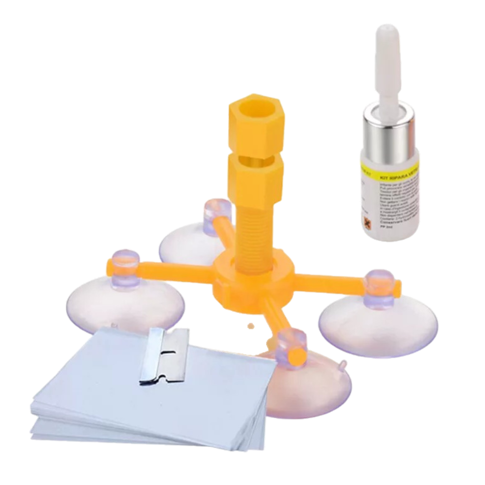 Kit de reparo de vidro do para-brisa Cergrey, com ferramentas e materiais para manutenção e reparo de veículos.