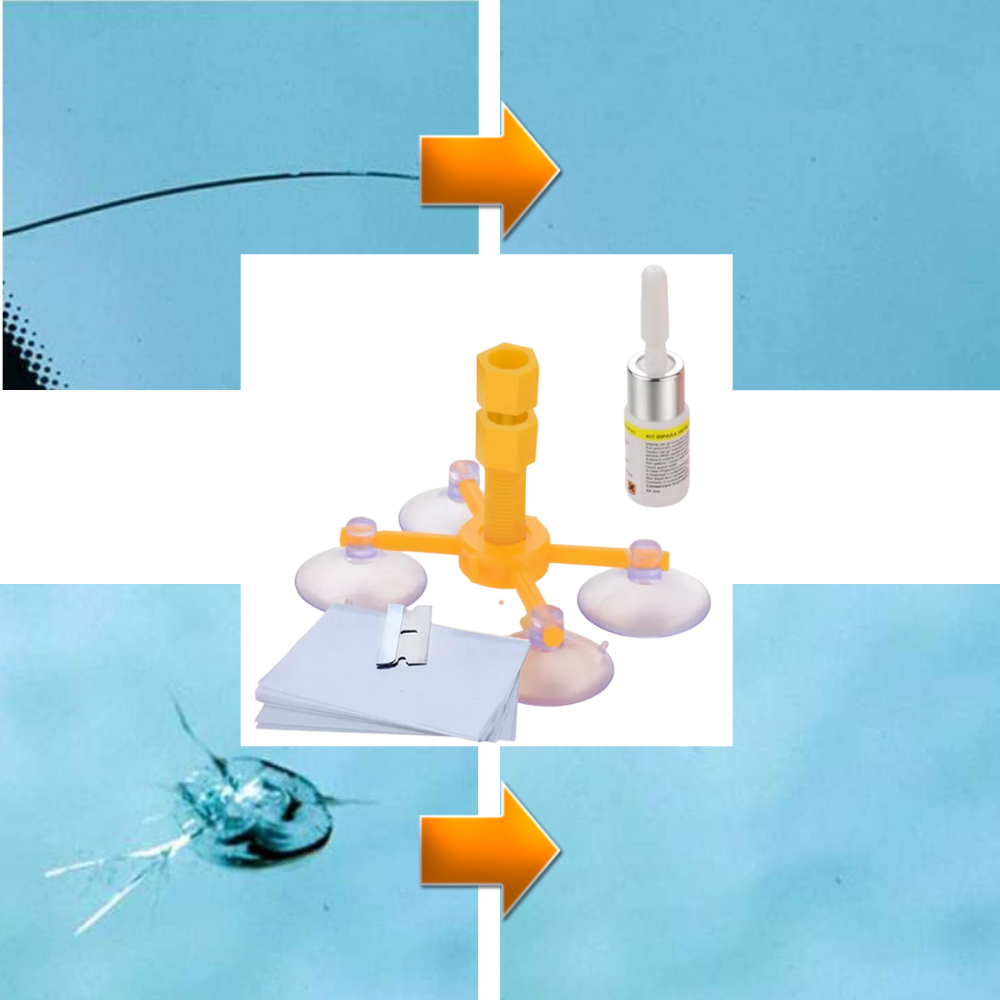 Kit de reparo de vidro do para-brisa Cergrey para manutenção e decoração de veículos, com ferramentas e materiais de reparo.
