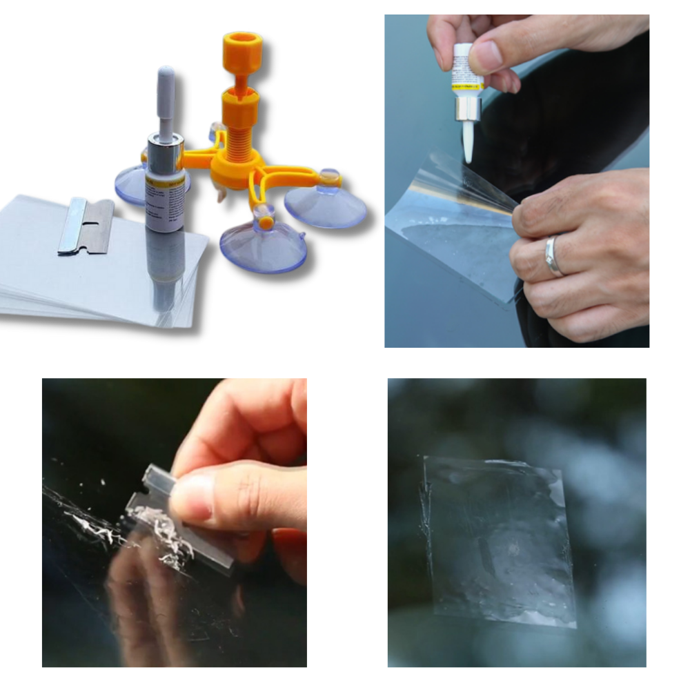 Kit de reparo do vidro do para-brisa Cergrey para manutenção e decoração de veículos, com ferramentas e componentes visíveis.