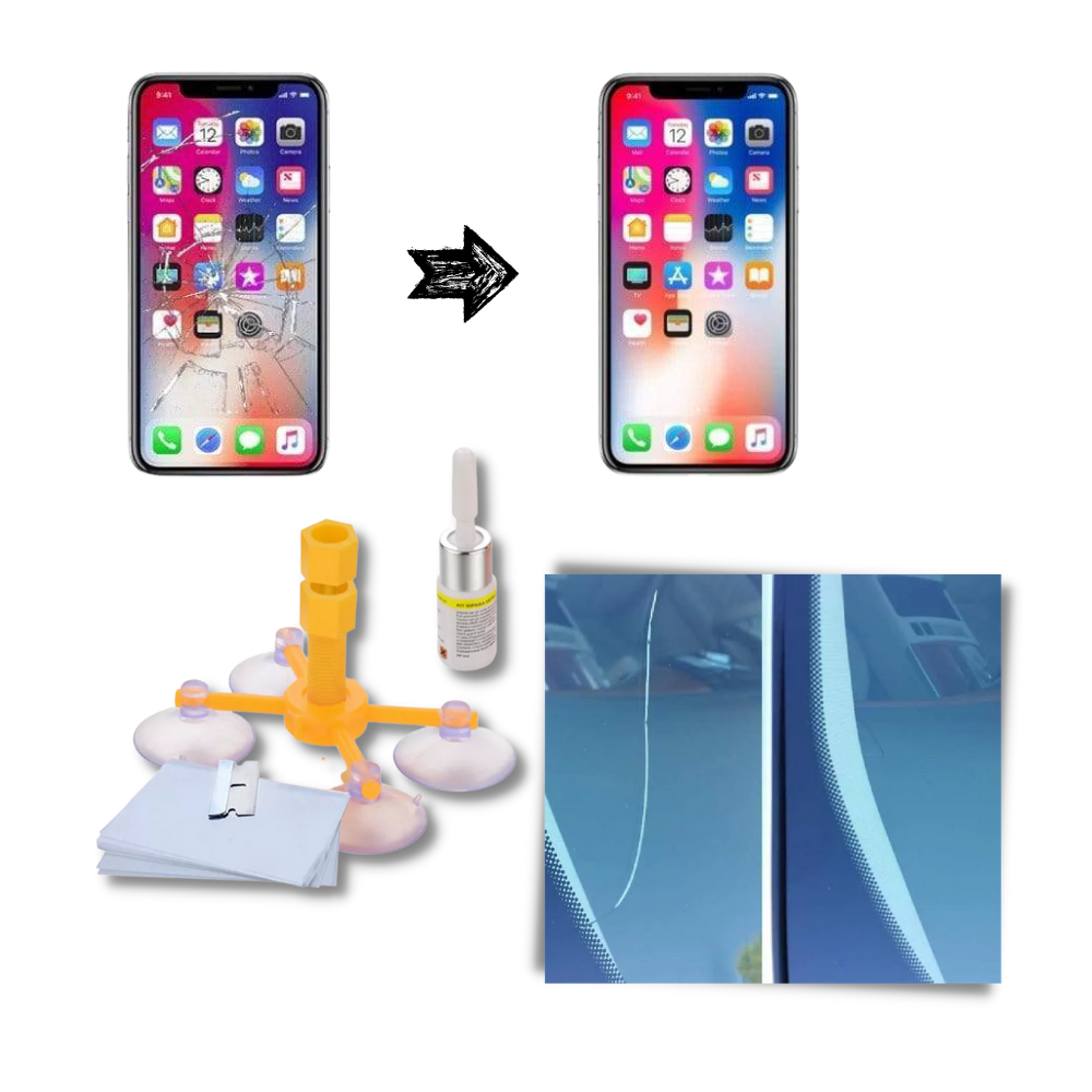 Kit de reparo do vidro do para-brisa Cergrey para reparação de veículos, com ferramentas e materiais para consertar o vidro.