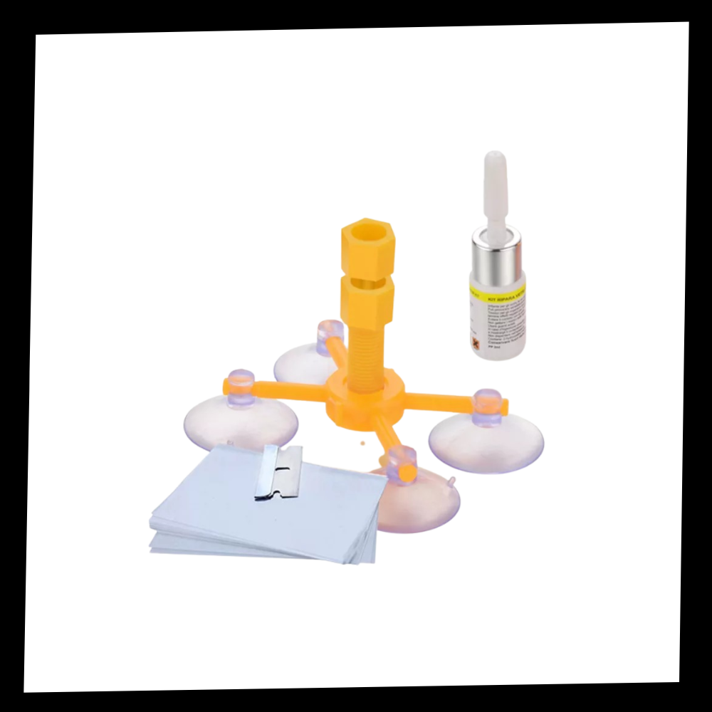 Kit de reparo de vidro de para-brisa Cergrey para manutenção de veículos, incluindo ferramentas e materiais para conserto.