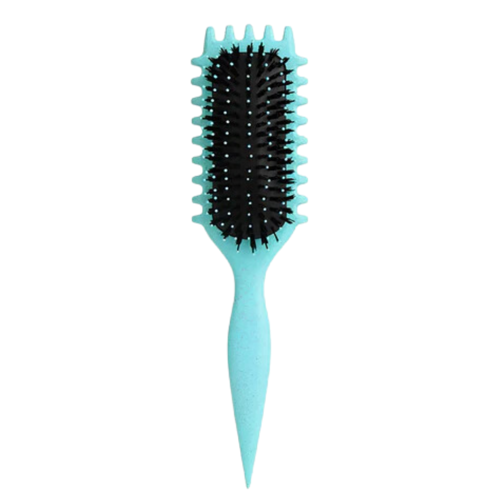 Escova de cabelo desmanchadora e definidora para cachos da marca Chailin-J0110, com cerdas azuis para desembaraçar e modelar.