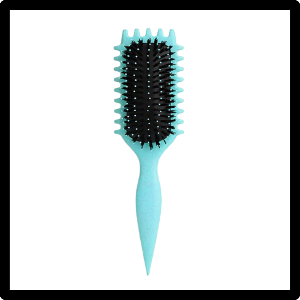 Escova desamassadora e definidora para cabelos cacheados da marca Chailin, com design azul e cerdas para modelar as ondas.