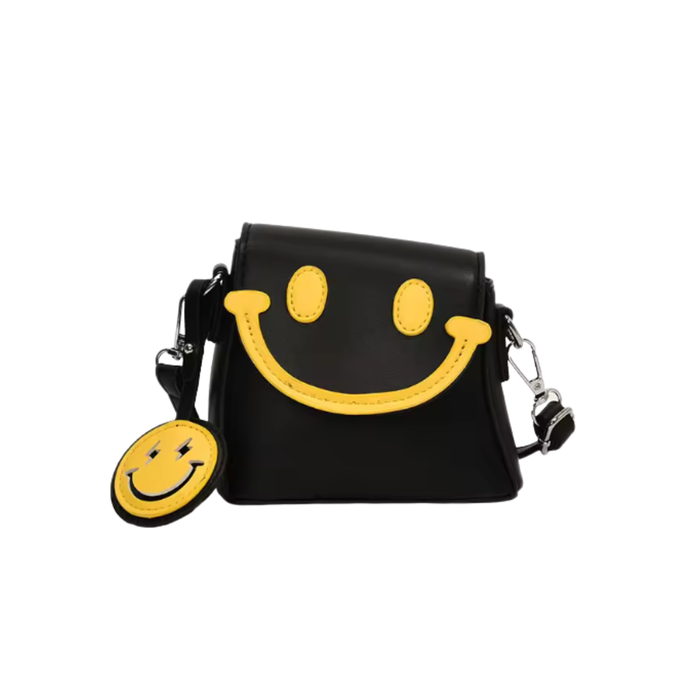 Bolsa de ombro pequena Carolilly Smiley com design sorridente, material preto, ideal para uso casual e elegante.