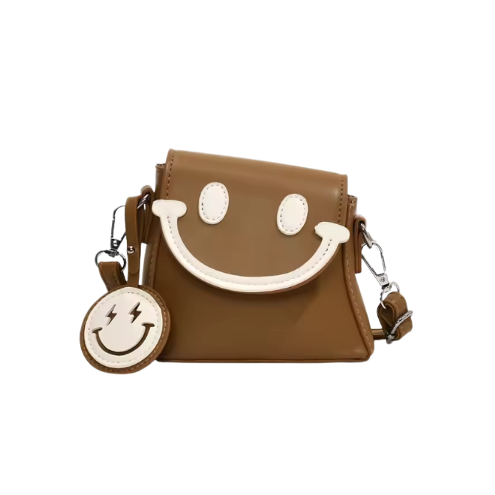 Bolsa transversal pequena Carolilly com estampa de sorriso alegre, feita de material marrom, ideal para uso casual.