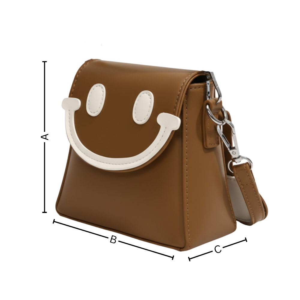 Bolsa mini com alça transversal Carolilly, saco a mão com estampa de sorriso alegre e design compacto.