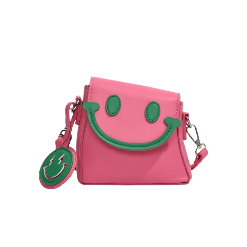 Mini bolsa de ombro Carolilly com sorriso alegre, saco de mão rosa, ideal para ocasiões casuais e estilos descontraídos.