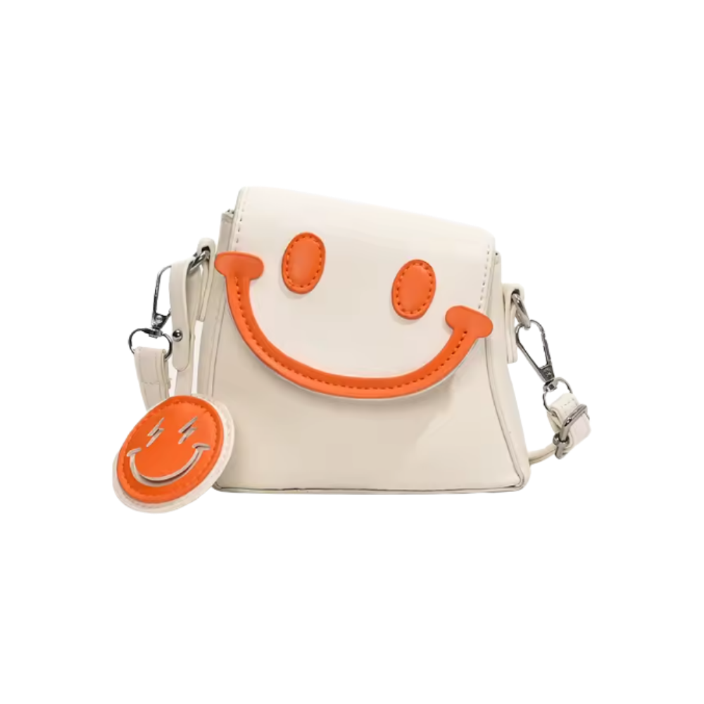 Bolsa de ombro pequena Carolilly Smiley, saco a tiracolo branco com estampa de sorriso alegre, para uso casual e diário.