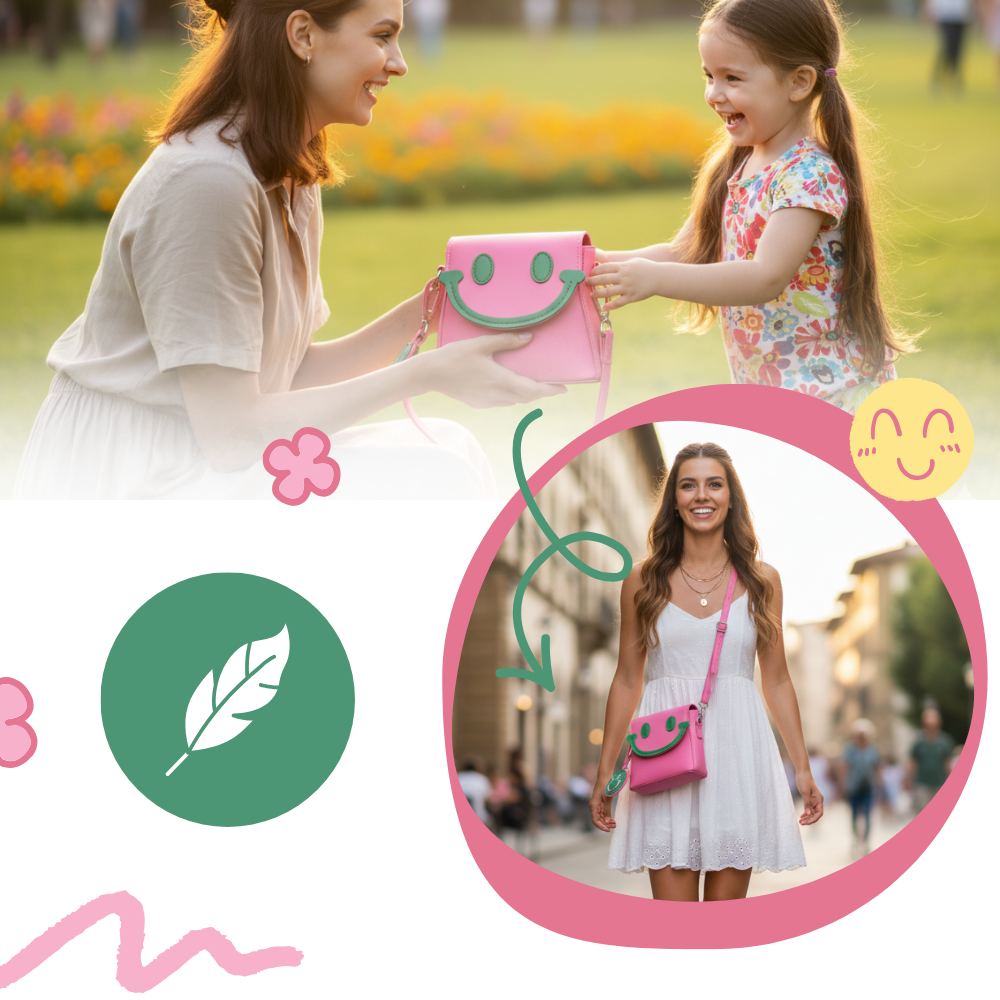 Mini bolsa tiracolo Carolilly com estampa de sorriso feliz, ideal para acessórios casuais e divertidos.