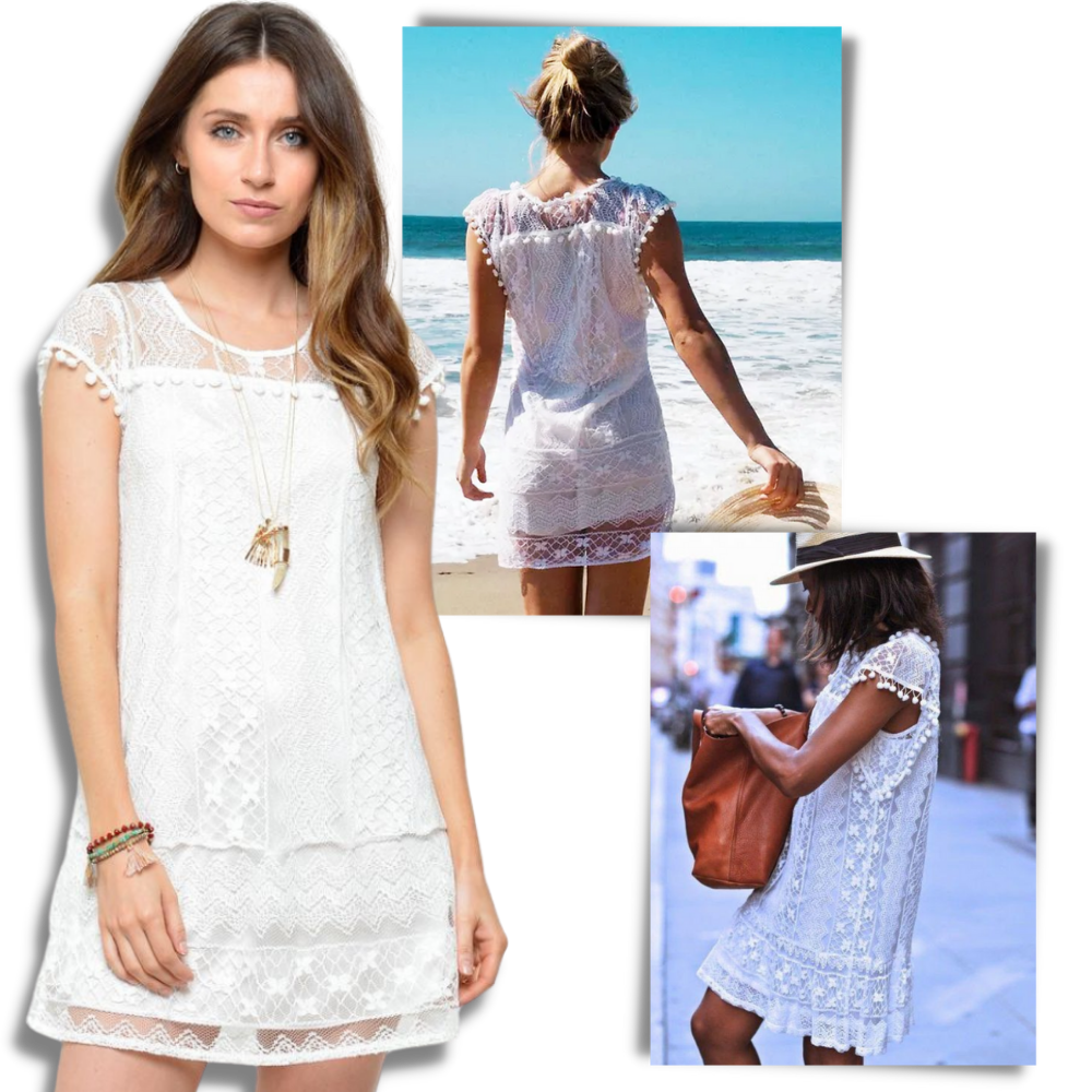 Robe branca em renda boho da White Mark, com estilo chique e detalhes delicados de renda para ocasiões especiais.