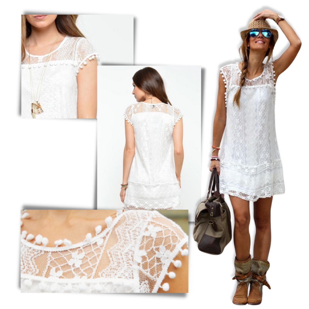 Robe chic em renda boho da White Mark, com detalhes delicados e estilo elegante, vista de frente em tecido leve e fluido.