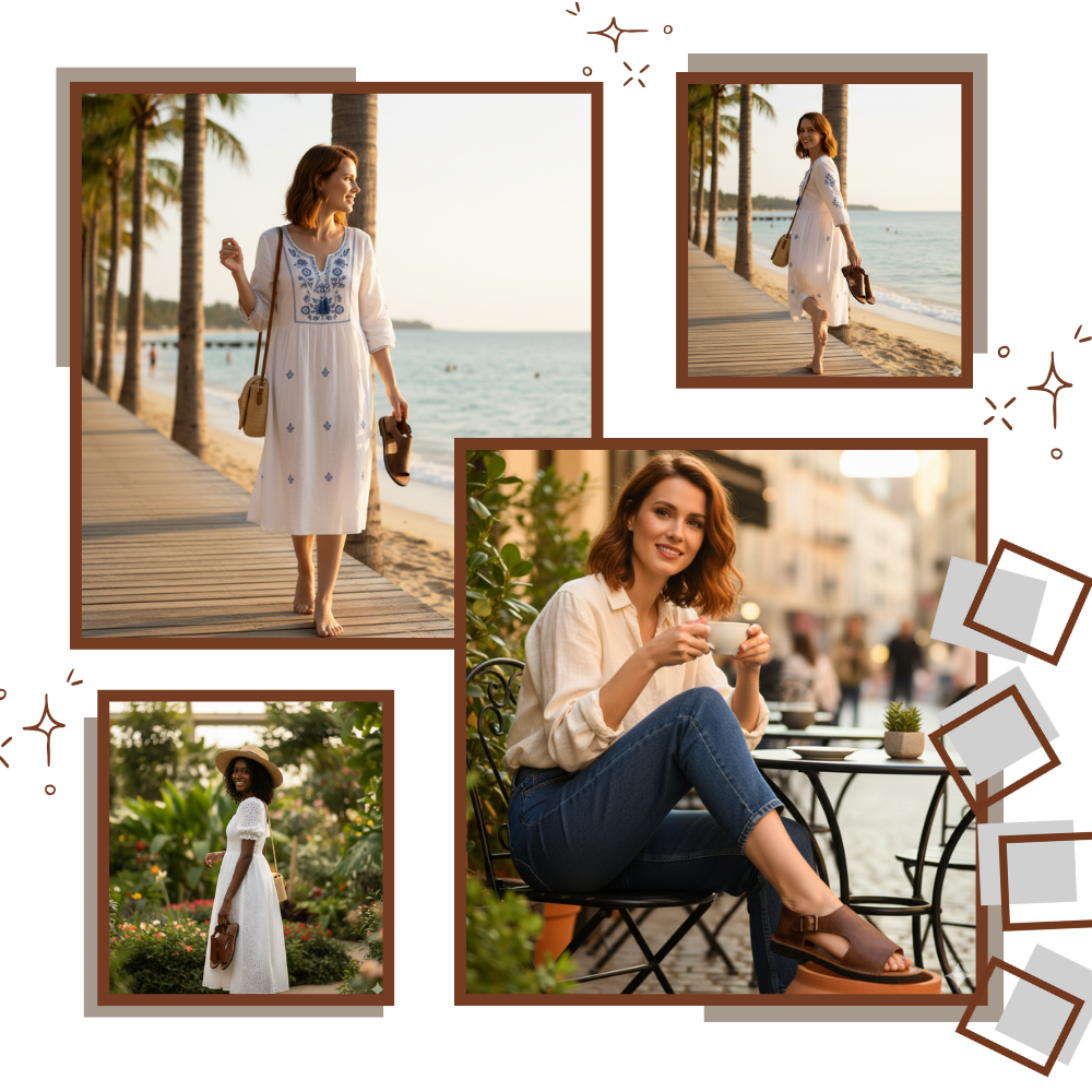 Sandálias ortopédicas vintage chic Ozerty France com acabamento elegante e design confortável, perfeitas para um estilo sofisticado.